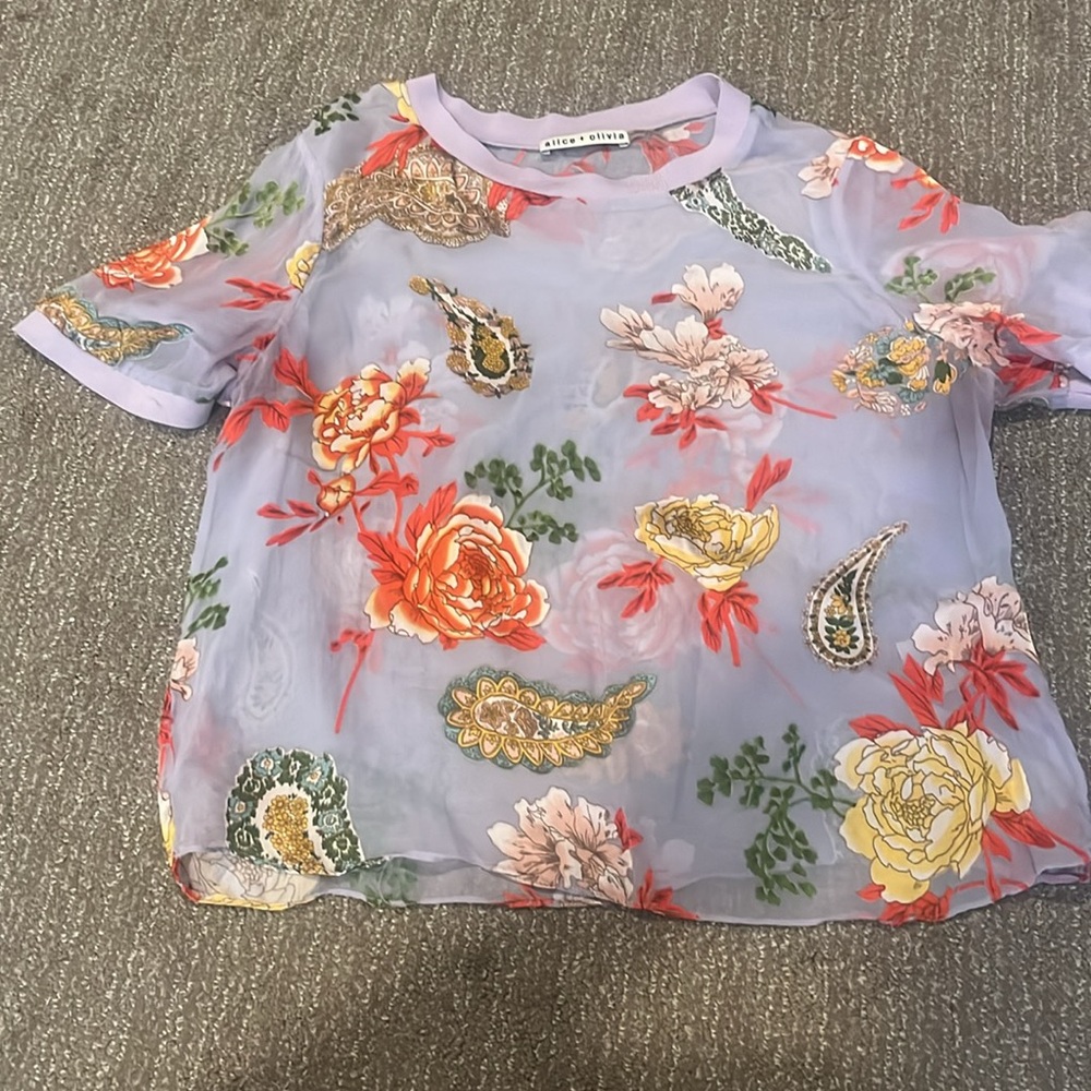 Alice +Olivia sheer silk floral crop top